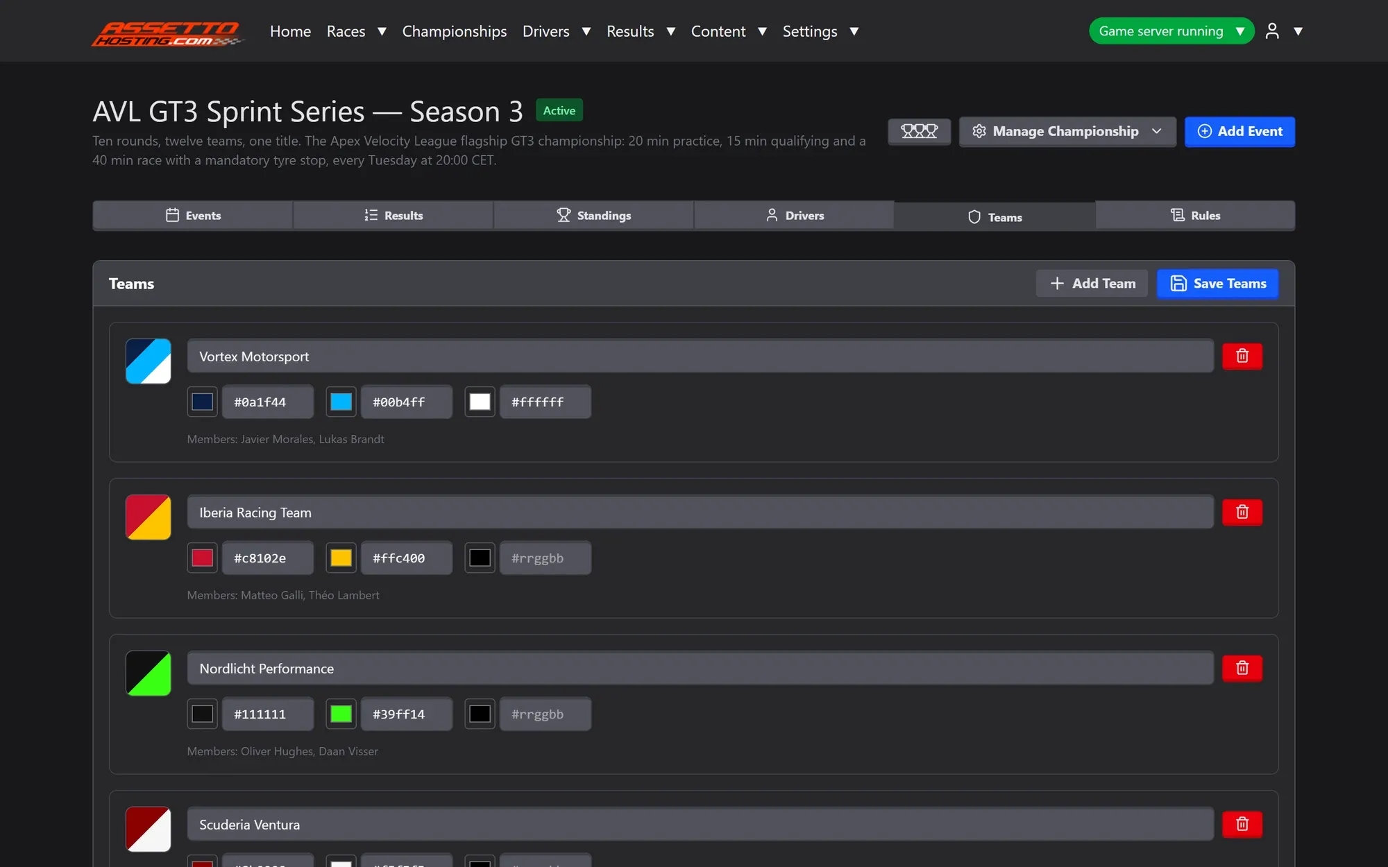 Teams page of a championship in the Assetto Corsa EVO Server Manager: Vortex Motorsport, Iberia Racing Team and Nordlicht Performance with three colours each, shown as mini logos