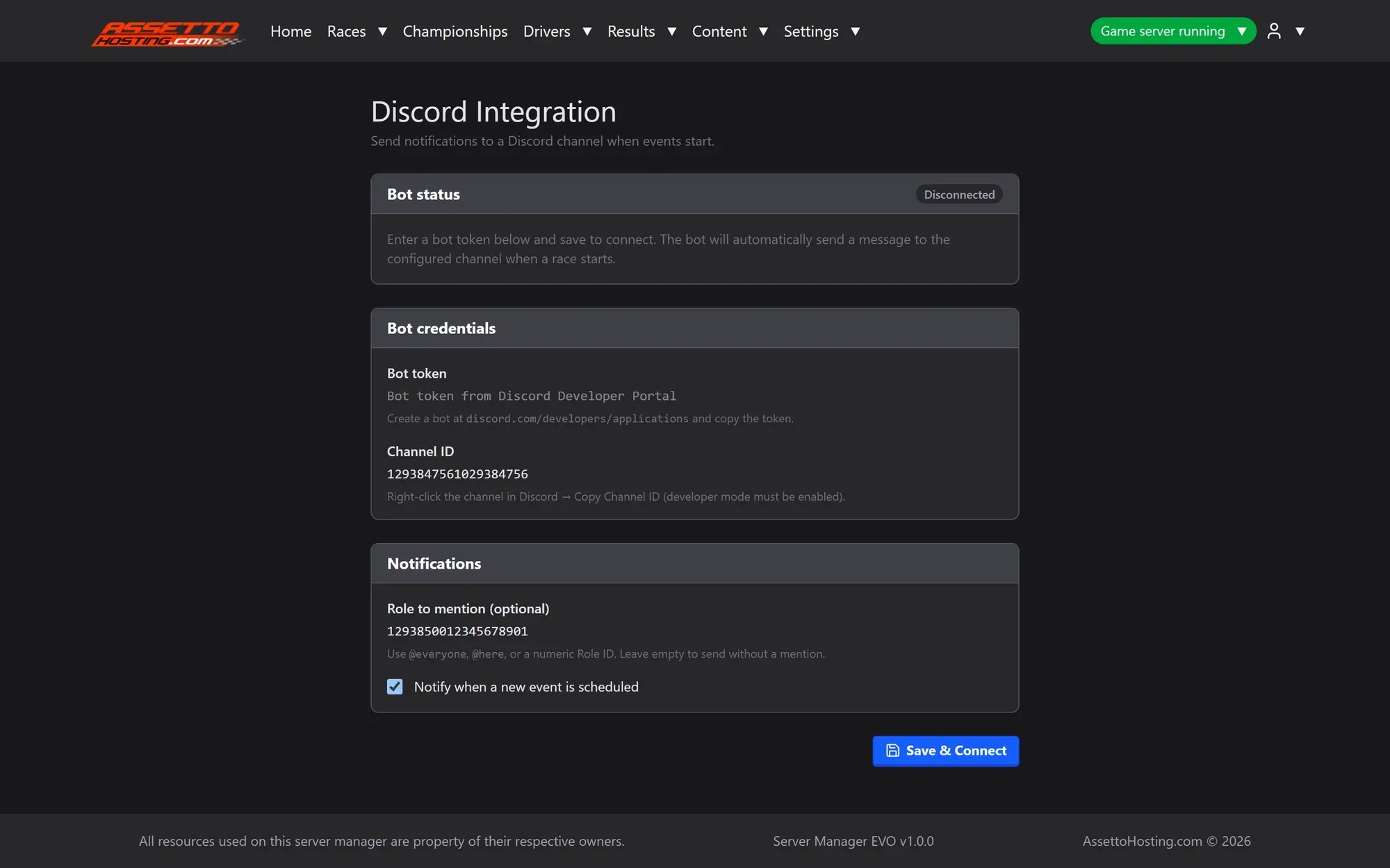 Discord integration in the Assetto Corsa EVO Server Manager: bot token, channel ID, role to mention and the option to notify when a new event is scheduled