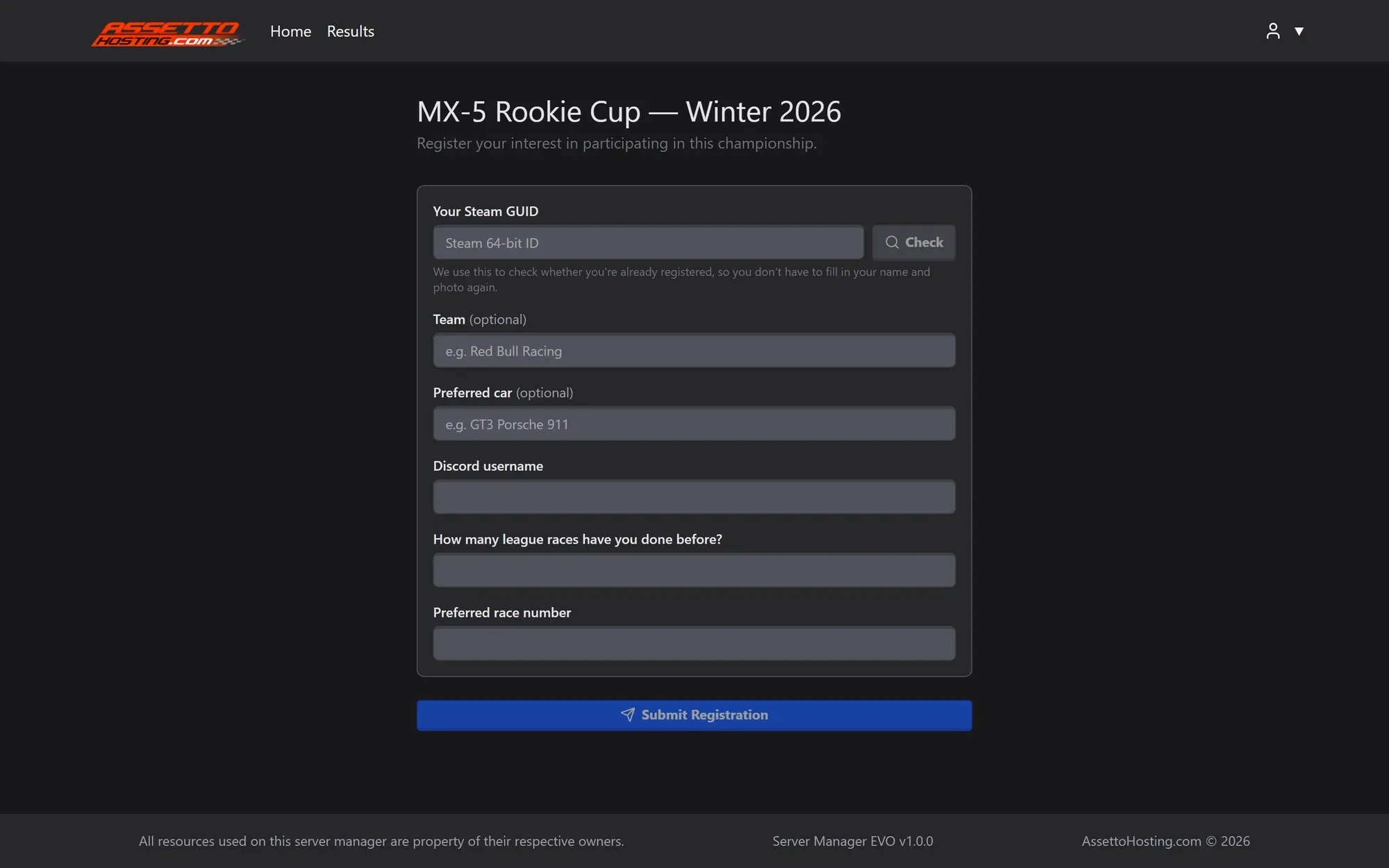 Public sign-up form of the MX-5 Rookie Cup in the Assetto Corsa EVO Server Manager: Steam ID check, team, preferred car, Discord username and custom questions