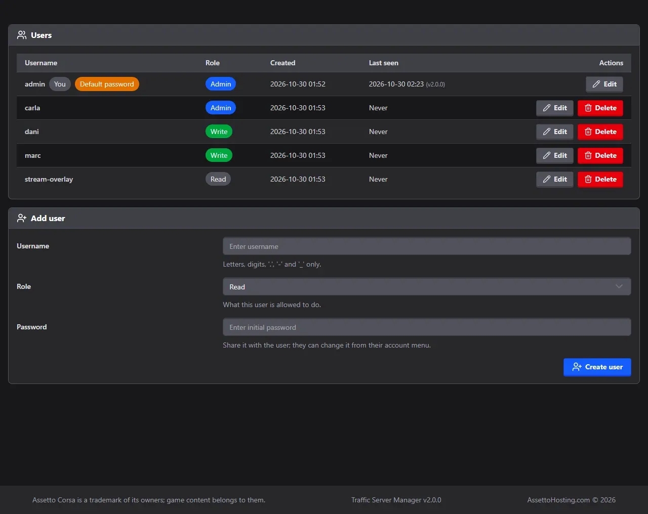 Team accounts in the Traffic Server Manager: users with read, write or admin roles