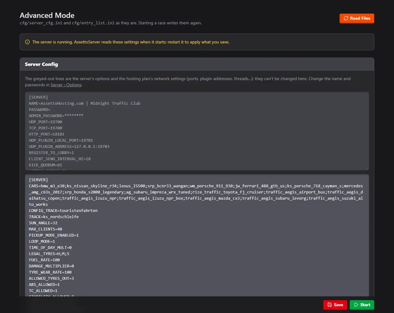 Advanced Mode of the Traffic Server Manager: server_cfg.ini and entry_list.ini edited as text, with the hosting plan network lines greyed out