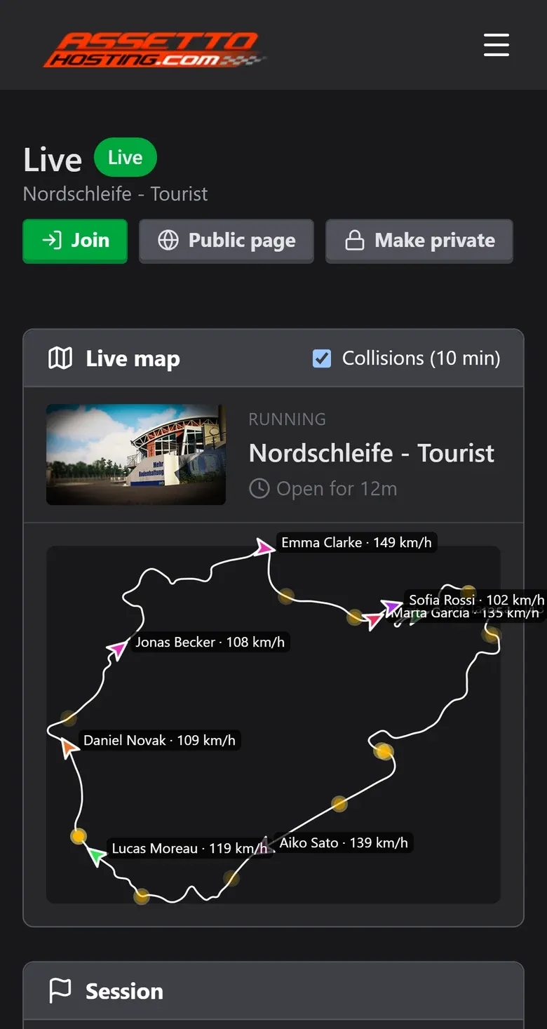 The Traffic Server Manager Live page on a phone: live map of the track with the players and the session