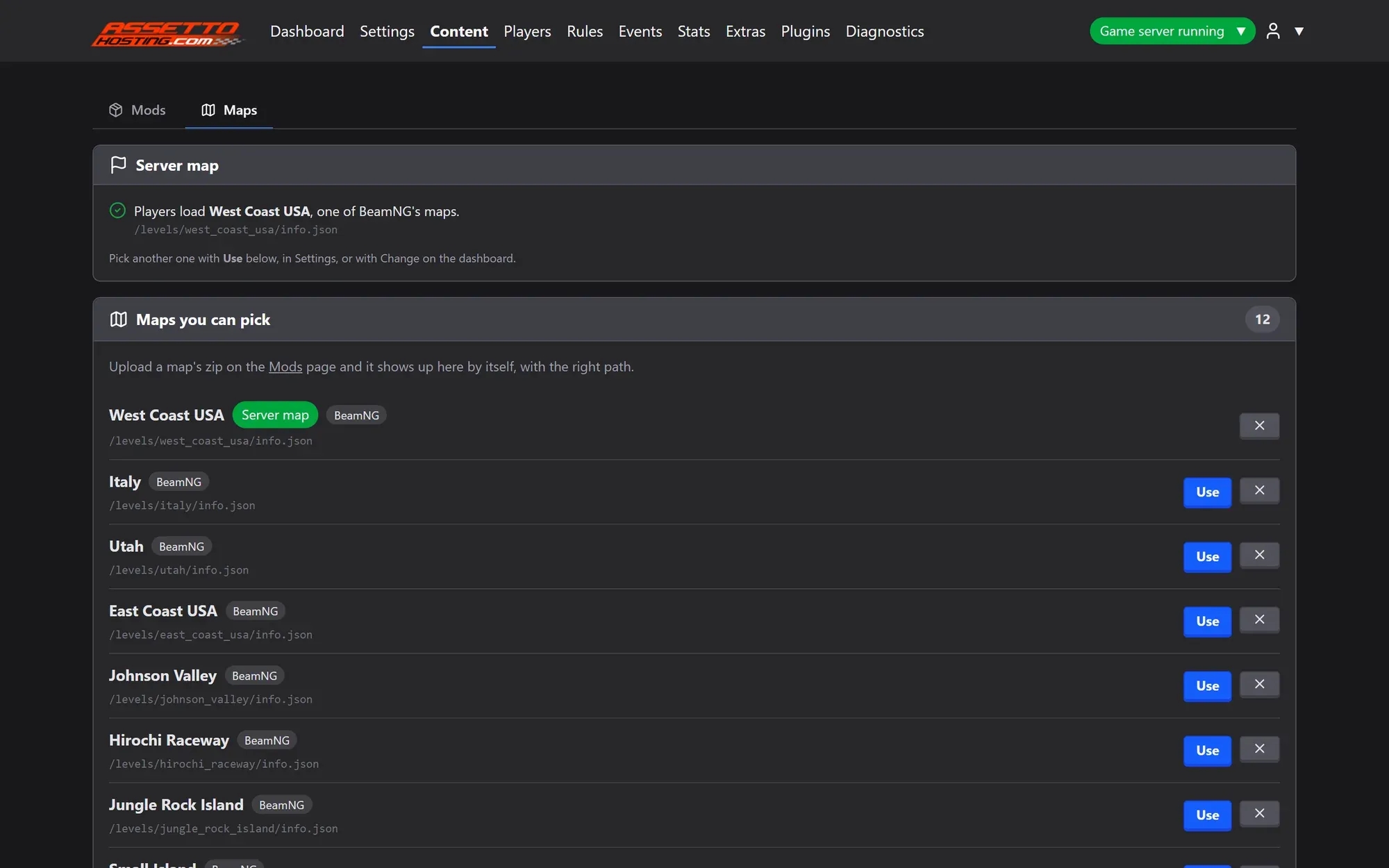 BeamMP Server Manager maps page listing every BeamNG.drive map with its /levels/ path and a Use button
