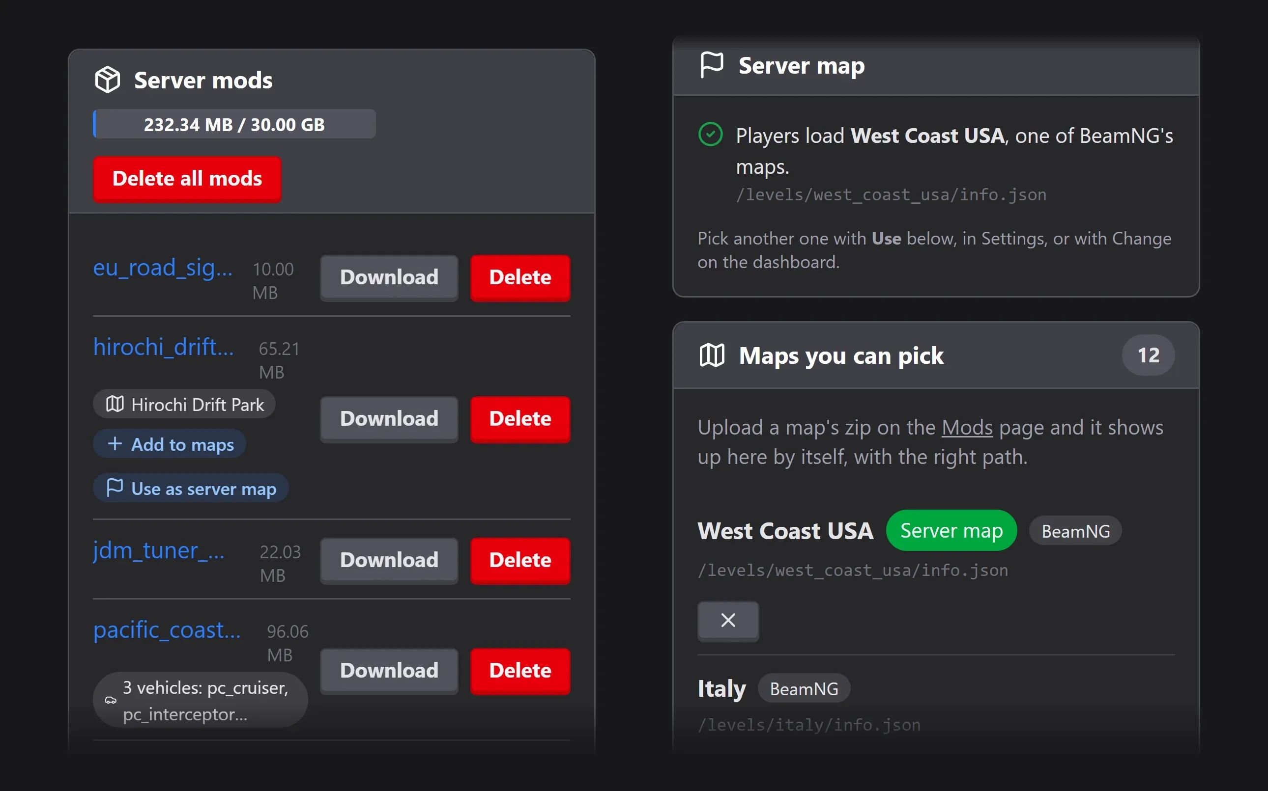 BeamMP Server Manager mods page with uploaded zip mods, their vehicles and maps, and drag-and-drop upload