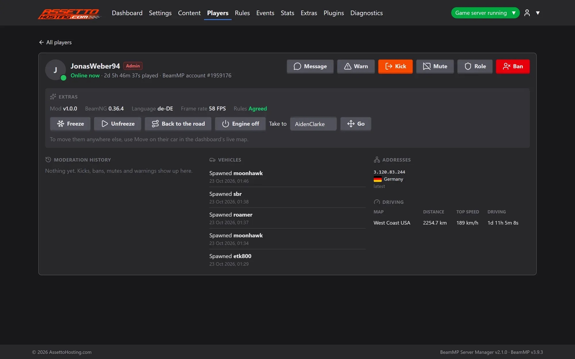 A player page in the BeamMP Server Manager with Message, Warn, Kick, Mute, Role and Ban, moderation history, vehicles, addresses and driving stats