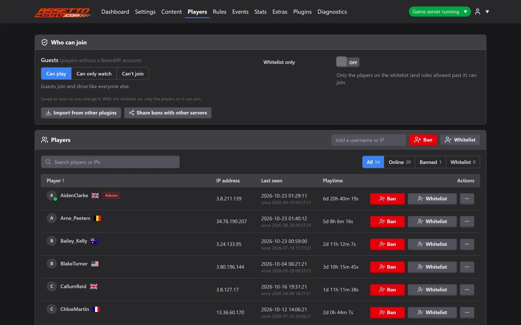 BeamMP Server Manager players page: who can join (guests can play, only watch or not join, whitelist) and the players list with ban and whitelist buttons