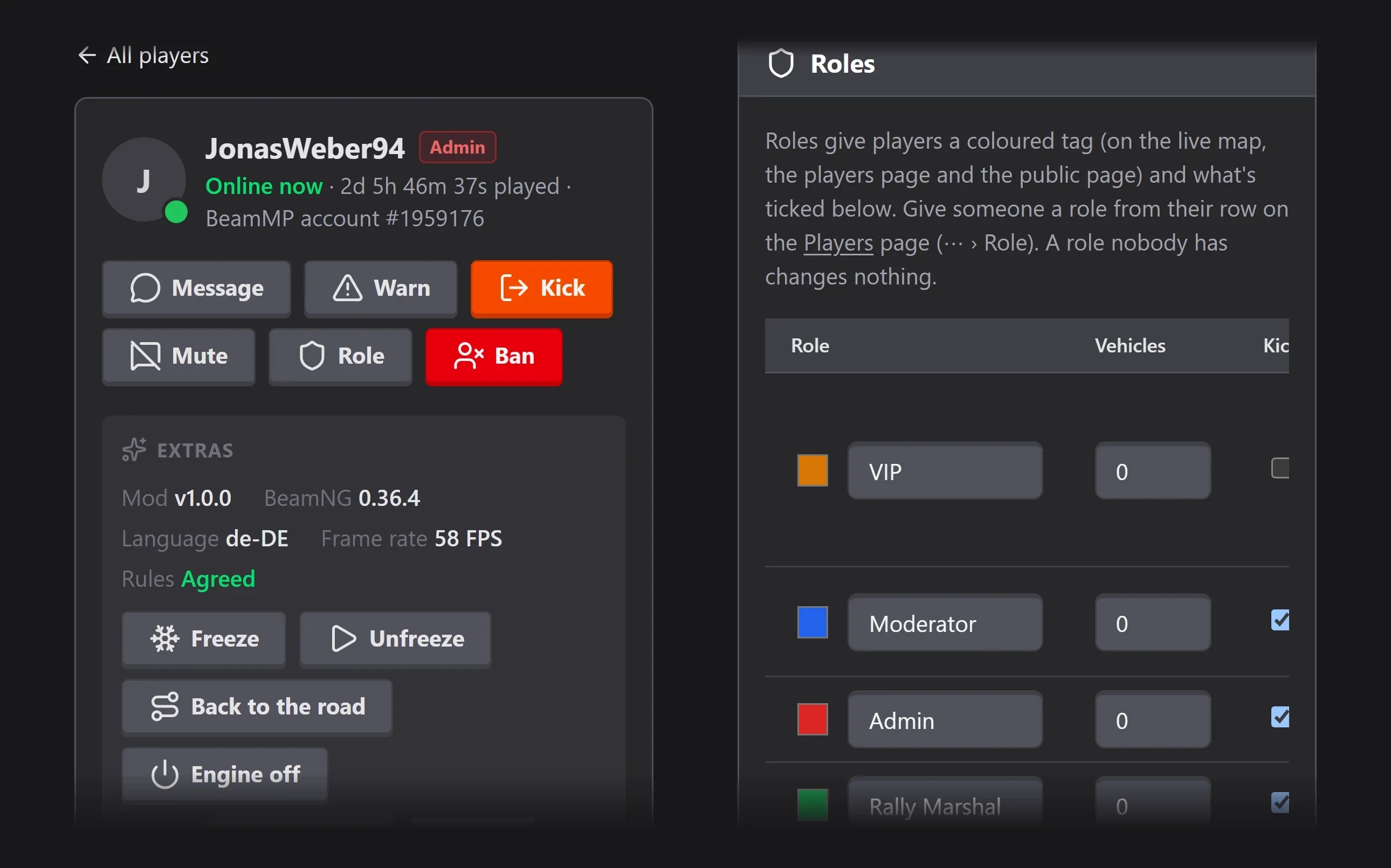 BeamMP player page with moderation buttons and the roles table with permissions per role