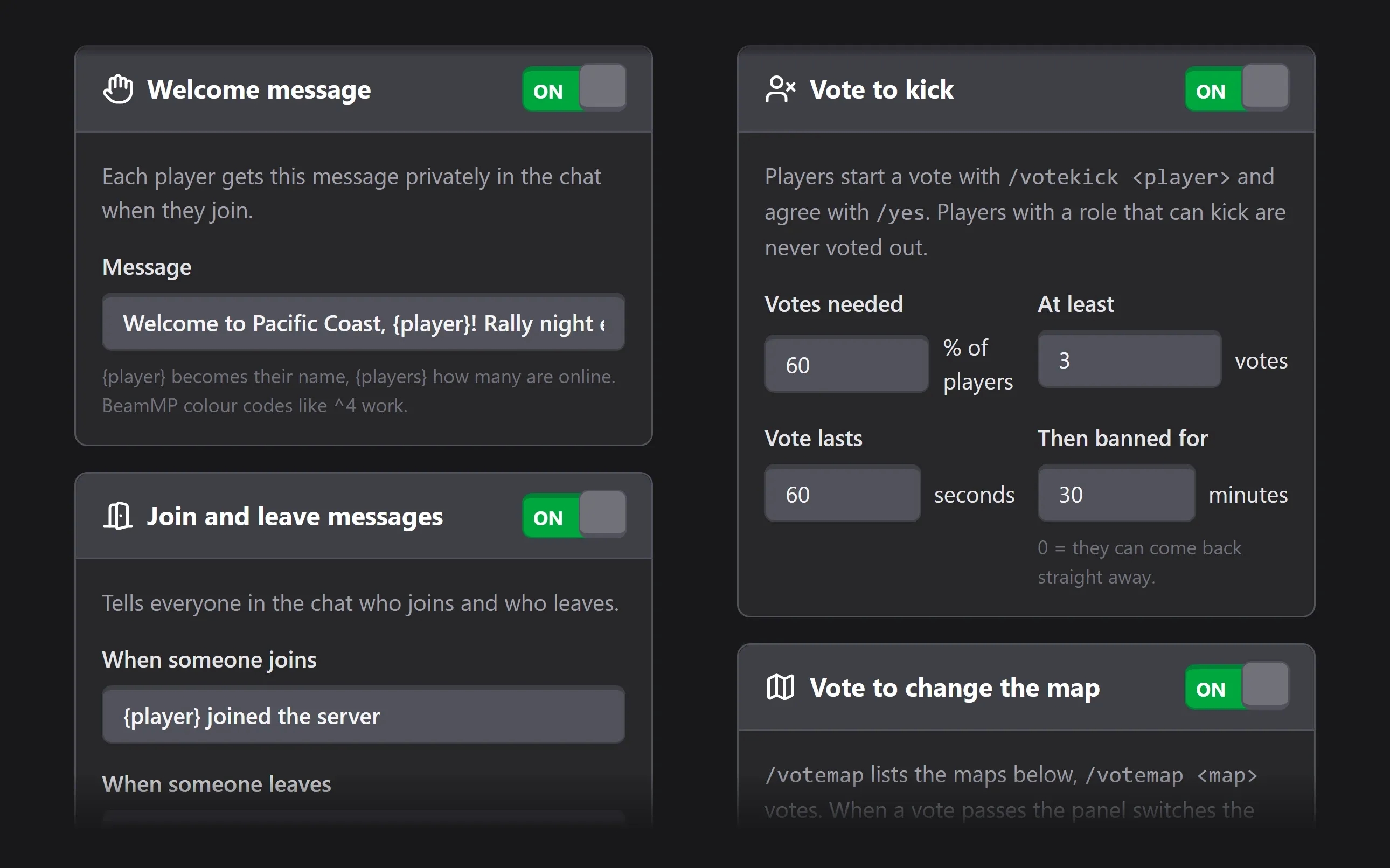 BeamMP server rules: welcome message, vote to kick, away-from-keyboard kick and chat commands switched on