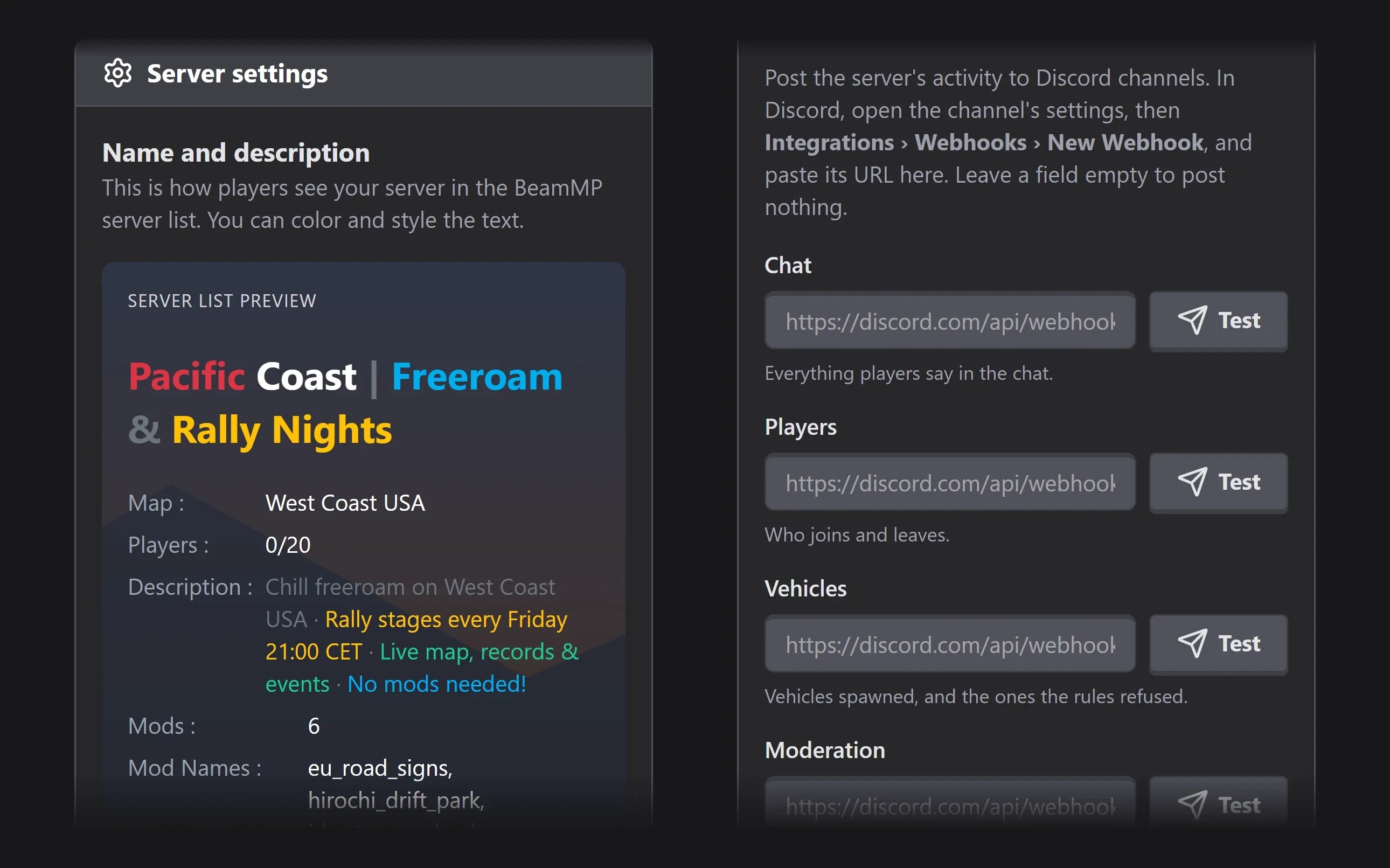 BeamMP server settings with the server list preview in colour, Auth Key field and four Discord webhooks