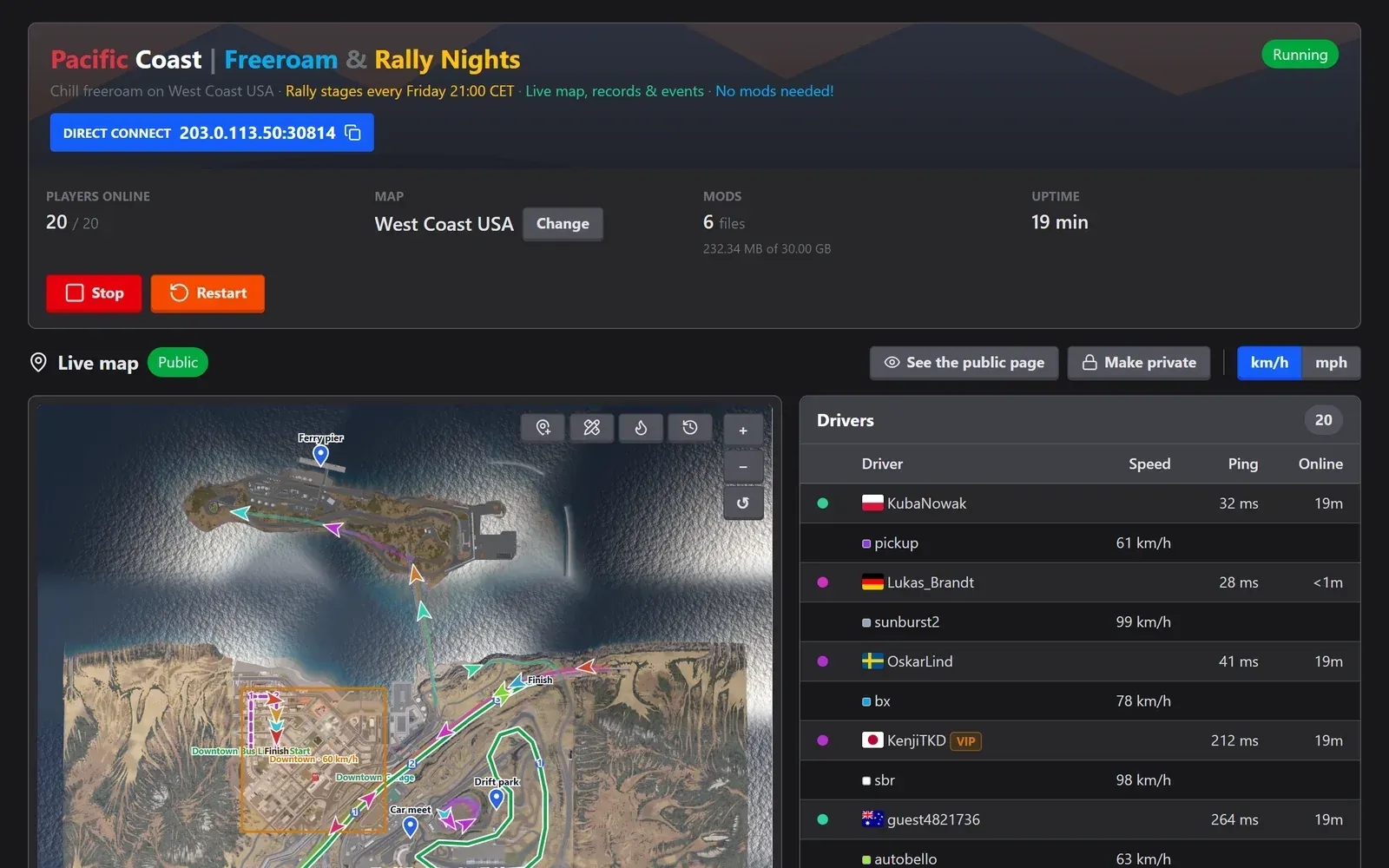 BeamMP Server Manager dashboard with the server card, direct connect, live map and drivers list