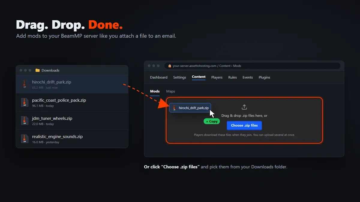 How to add mods to a BeamMP server: drag the .zip from Downloads onto the control panel