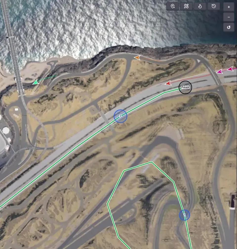 Drawing a rally stage with checkpoints along the coast road on the BeamMP live map