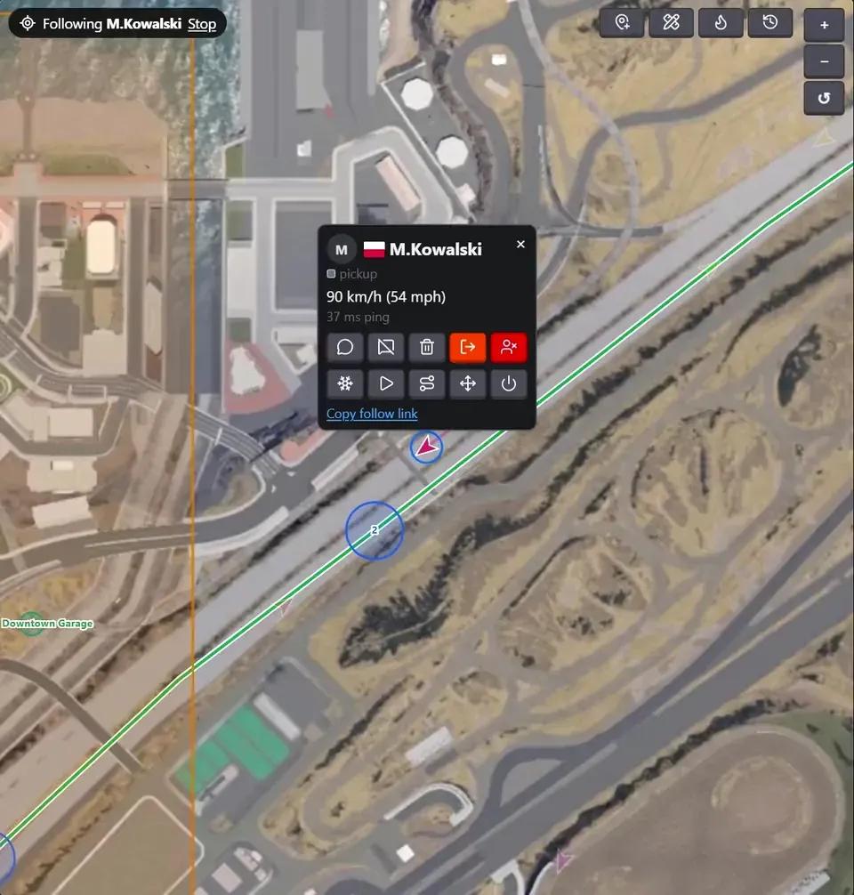 Following a driver on the BeamMP live map, with the car card showing speed, ping and moderation buttons