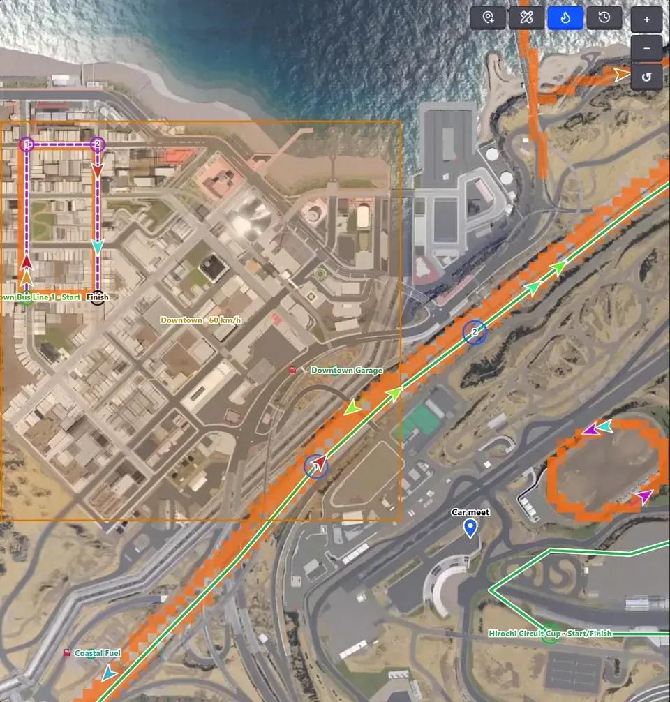 Heat map of the most driven roads on a BeamMP server, with live traffic on top