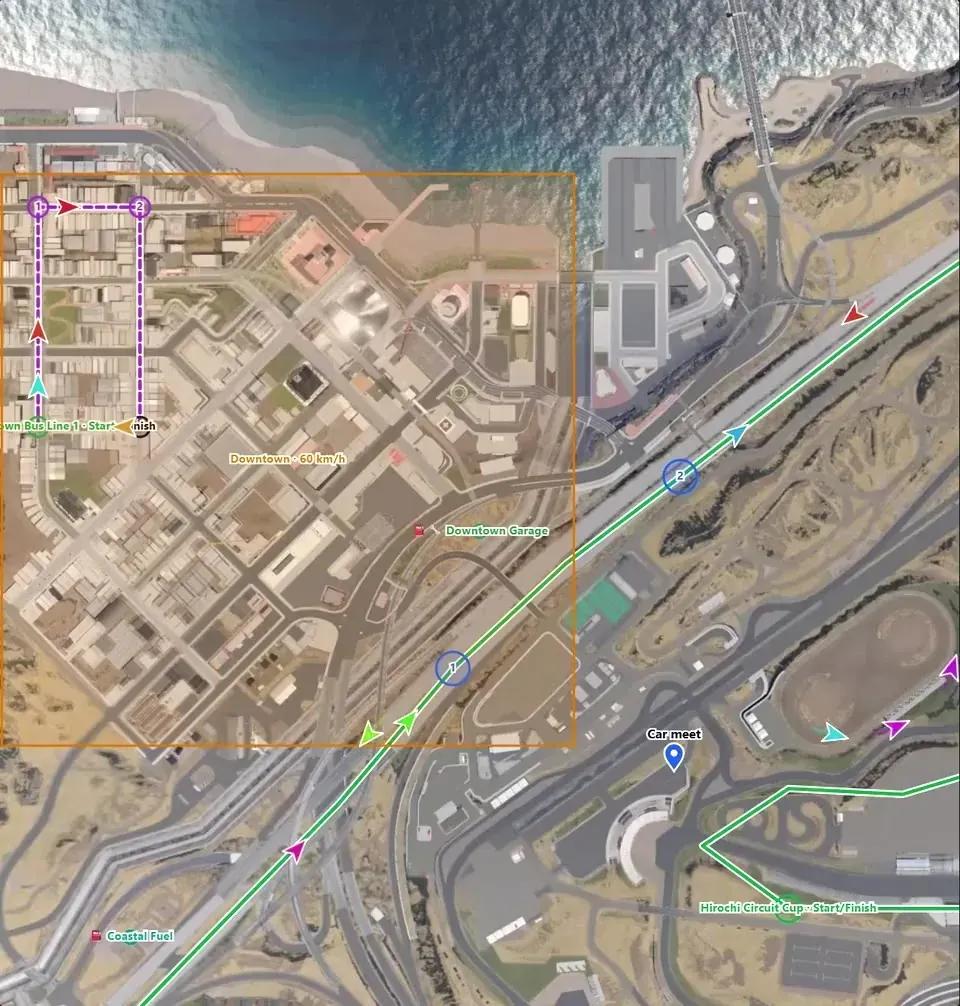 BeamMP Server Manager live map: cars driving on West Coast USA with time trials, a bus route, zones and pins
