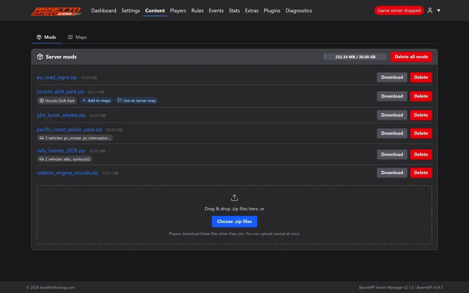 BeamMP Server Manager Content › Mods page with the server mods, space used of the plan and the drag and drop box