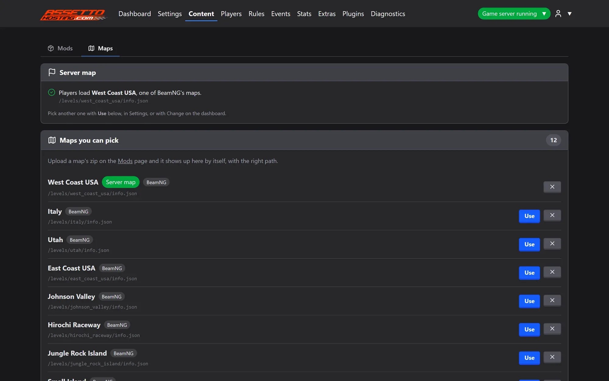 BeamMP Server Manager maps page listing every BeamNG.drive map with its /levels/ path and a Use button