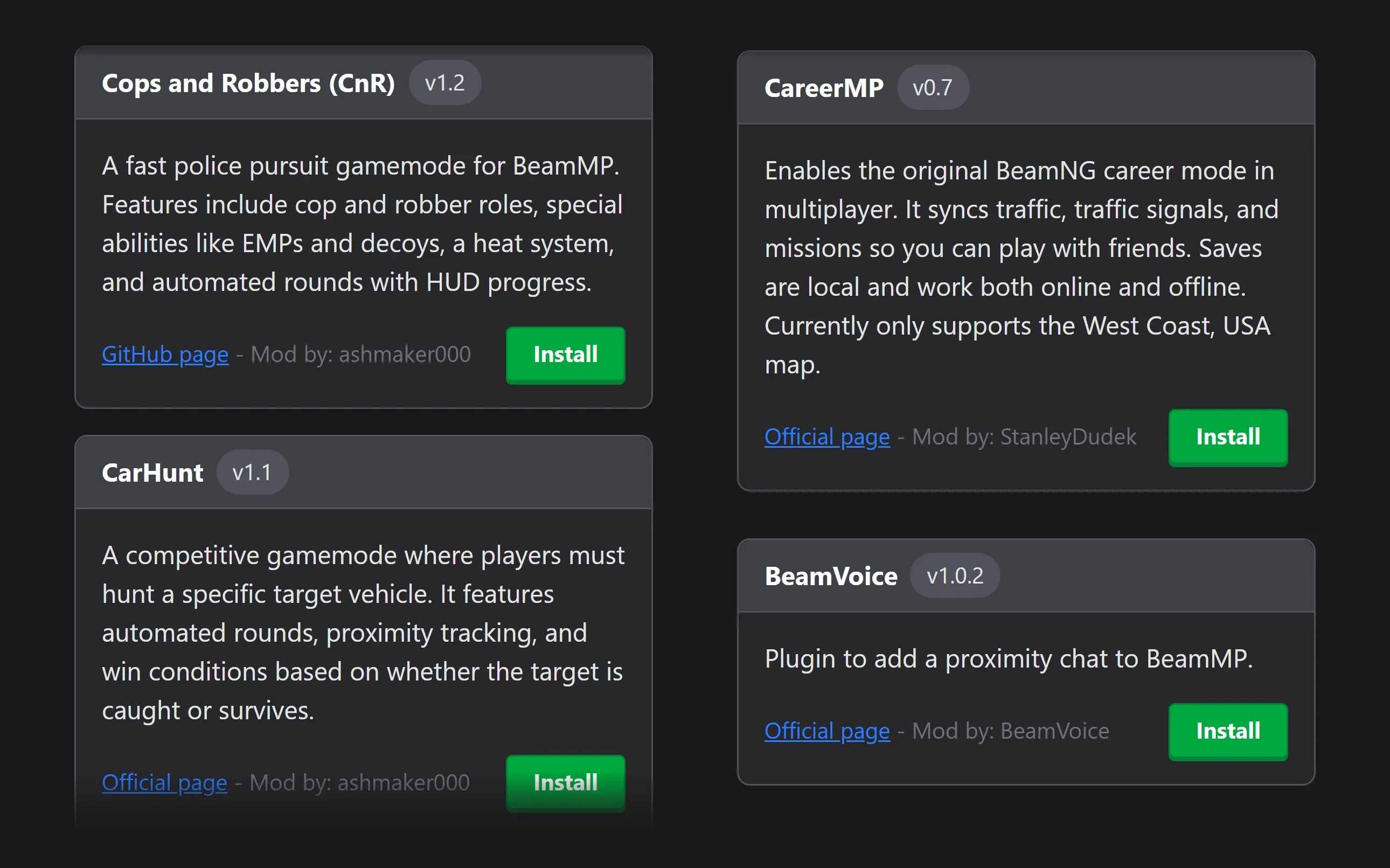 BeamMP plugin catalog with Cops and Robbers, CarHunt, CareerMP and BeamVoice and their Install buttons