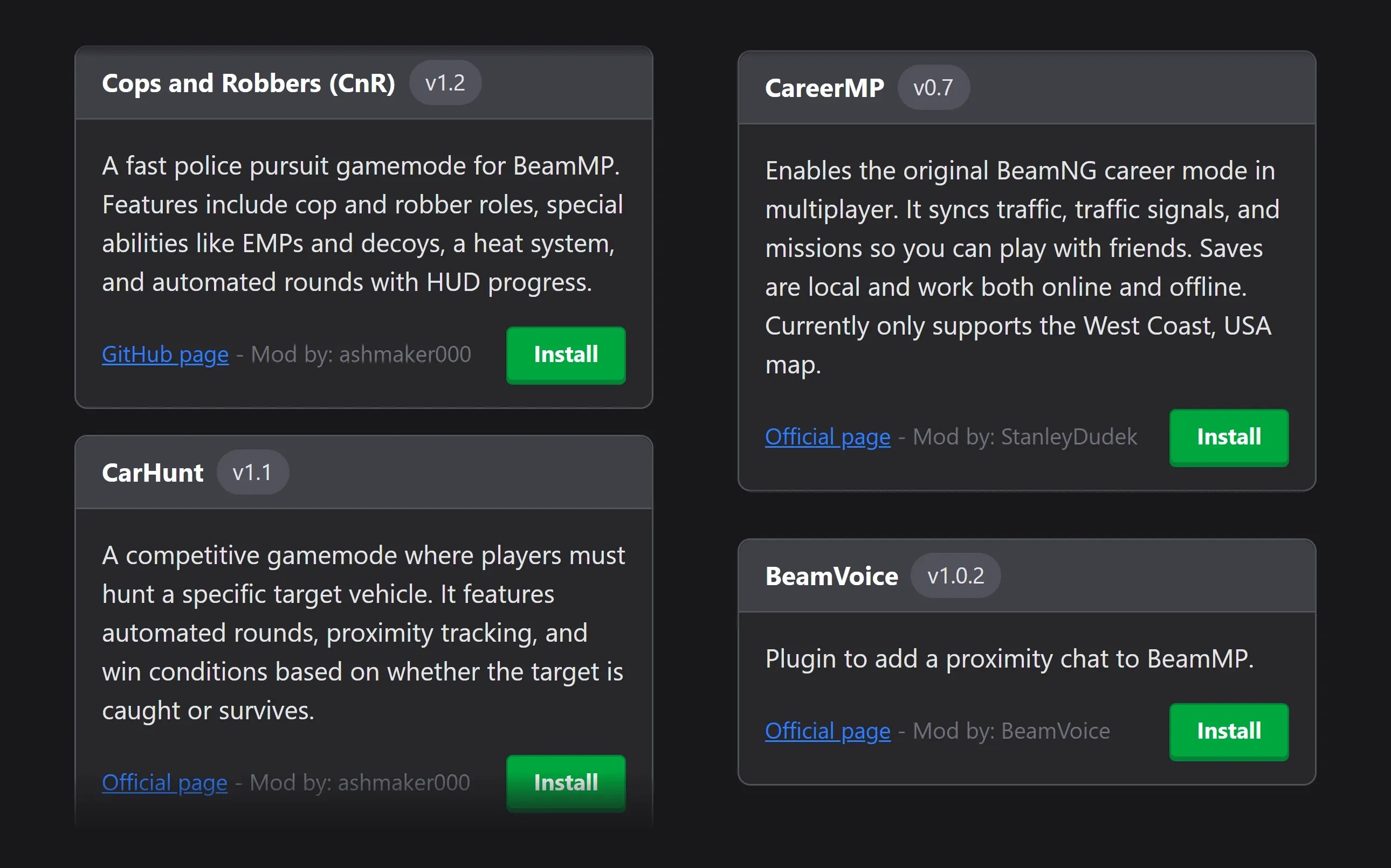 BeamMP plugin catalog with Cops and Robbers, CarHunt, CareerMP and BeamVoice and their Install buttons BeamMP plugin catalog with Cops and Robbers, CarHunt, CareerMP and BeamVoice and their Install buttons